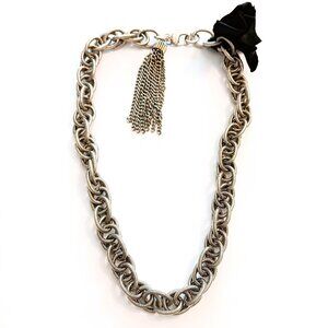 St. John Silver Tone Textured Chain Link Tassel Necklace